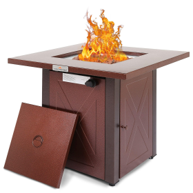 28" 50000 BTU Outdoor Propane Gas Fire Pits Table, Square Brown Texture Outdside Patio Firepits Fireplace Dinning Coffee Tables with Lid & Lava Rock,