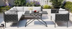 TOPMAX 5-Piece Modern Patio Sectional Sofa Set Outdoor Woven Rope Furniture Set with Glass Table and Cushions, Black+Gray