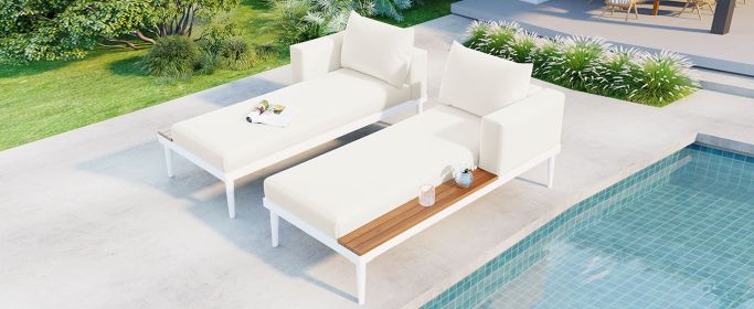 TOPMAX Modern Outdoor Daybed Patio Metal Daybed with Wood Topped Side Spaces for Drinks, 2 in 1 Padded Chaise Lounges for Poolside, Balcony, Deck, Bei