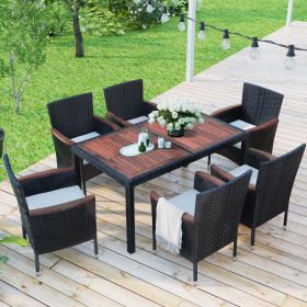 7-Piece Outdoor Patio Dining Set, Garden PE Rattan Wicker Dining Table and Chairs Set, Acacia Wood Tabletop, Stackable Armrest Chairs with Cushions, R