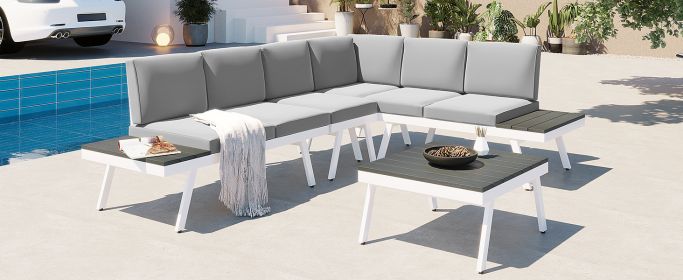 TOPMAX Industrial 5-Piece Aluminum Outdoor Patio Furniture Set, Modern Garden Sectional Sofa Set with End Tables, Coffee Table and Furniture Clips for