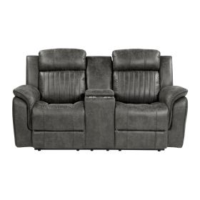 Classic Brownish Gray 1pc Double Reclining Loveseat with Storage Console Cupholder Plush Comfort Pillow-Top Arms Vertical Tufting Solid Wood Transitio