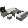 Outdoor 6-Piece All Weather PE Rattan Sofa Set, Garden Patio Wicker Sectional Furniture Set with Adjustable Seat, Storage Box, Removable Covers and Te