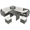 Outdoor 6-Piece All Weather PE Rattan Sofa Set, Garden Patio Wicker Sectional Furniture Set with Adjustable Seat, Storage Box, Removable Covers and Te