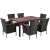 7-Piece Outdoor Patio Dining Set, Garden PE Rattan Wicker Dining Table and Chairs Set, Acacia Wood Tabletop, Stackable Armrest Chairs with Cushions, R