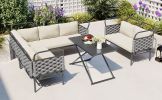 TOPMAX 5-Piece Modern Patio Sectional Sofa Set Outdoor Woven Rope Furniture Set with Glass Table and Cushions, Gray+Beige