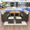 TOPMAX 11-Piece Patio All-Weather PE Wicker Dining Table Set with Wood Tabletop for 10, Brown Rattan+Beige Cushion