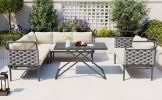 TOPMAX 5-Piece Modern Patio Sectional Sofa Set Outdoor Woven Rope Furniture Set with Glass Table and Cushions, Gray+Beige