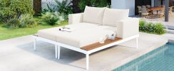 TOPMAX Modern Outdoor Daybed Patio Metal Daybed with Wood Topped Side Spaces for Drinks, 2 in 1 Padded Chaise Lounges for Poolside, Balcony, Deck, Bei