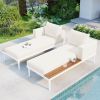 TOPMAX Modern Outdoor Daybed Patio Metal Daybed with Wood Topped Side Spaces for Drinks, 2 in 1 Padded Chaise Lounges for Poolside, Balcony, Deck, Bei