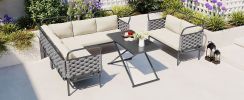 TOPMAX 5-Piece Modern Patio Sectional Sofa Set Outdoor Woven Rope Furniture Set with Glass Table and Cushions, Gray+Beige