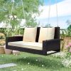 GO 2-Person Wicker Hanging Porch Swing with Chains, Cushion, Pillow, Rattan Swing Bench for Garden, Backyard, Pond. (Brown Wicker, Beige Cushion)