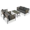 GO 4-Piece Rope Sofa Set with Thick Cushions and Toughened Glass Table, All-Weather Patio Furniture Set For 4 Person With Loveseat, Gray