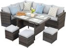 7-Pieces PE Rattan Wicker Patio Dining Sectional Cusions Sofa Set with Grey cushions