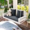 GO 2-Person Wicker Hanging Porch Swing with Chains, Cushion, Pillow, Rattan Swing Bench for Garden, Backyard, Pond. (White Wicker, Gray Cushion)