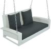 GO 2-Person Wicker Hanging Porch Swing with Chains, Cushion, Pillow, Rattan Swing Bench for Garden, Backyard, Pond. (White Wicker, Gray Cushion)