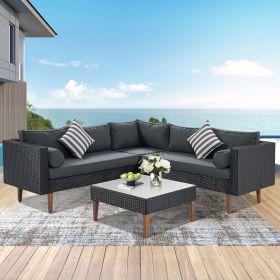 4-pieces Outdoor Wicker Sofa Set; Patio Furniture with Colorful Pillows; L-shape sofa set; Beige cushions and Brown Rattan (Color: Black+ Gray)