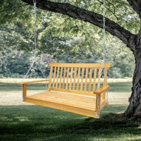 Front Porch Swing with Armrests;  Wood Bench Swing with Hanging Chains; for Outdoor Patio ; Garden Yard;  porch;  backyard;  or sunroom; Easy to Assem (Color: teak)