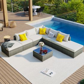 8-Pieces Outdoor Patio Furniture Sets, Garden Conversation Wicker Sofa Set, Single Sofa Combinable, Beige Cushions Gray Wicker (Color: as Pic)