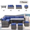 Outdoor Patio Furniture Set,7 Pieces Outdoor Sectional Conversation Sofa with Dining Table,Chairs and Ottomans,All Weather PE Rattan and Steel Frame,W