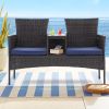 Outdoor Patio Loveseat Set,All Weather PE Rattan and Steel Frame Conversation Furniture with Built-in Coffee Table,Tempered Glass Top and Removable Cu