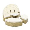 TOPMAX Patio Furniture Round Outdoor Sectional Sofa Set Rattan Daybed Two-Tone Weave Sunbed with Retractable Canopy, Separate Seating and Removable Cu