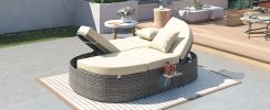 TOPMAX Outdoor Sun Bed Patio 2-Person Daybed with Cushions and Pillows, Rattan Garden Reclining Chaise Lounge with Adjustable Backrests and Foldable C