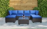 7 Pieces Outdoor Patio Sectional Sofa Couch, Silver Gray PE Wicker Furniture Conversation Sets with Washable Cushions & Glass Coffee Table for Garden,