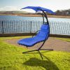 Hanging Chaise Lounger with Removable Canopy, Outdoor Swing Chair with Built-in Pillow, Hanging Curved Chaise Lounge Chair Swing for Patio Porch Pools