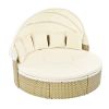 TOPMAX Patio Furniture Round Outdoor Sectional Sofa Set Rattan Daybed Two-Tone Weave Sunbed with Retractable Canopy, Separate Seating and Removable Cu