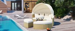 TOPMAX Patio Furniture Round Outdoor Sectional Sofa Set Rattan Daybed Two-Tone Weave Sunbed with Retractable Canopy, Separate Seating and Removable Cu